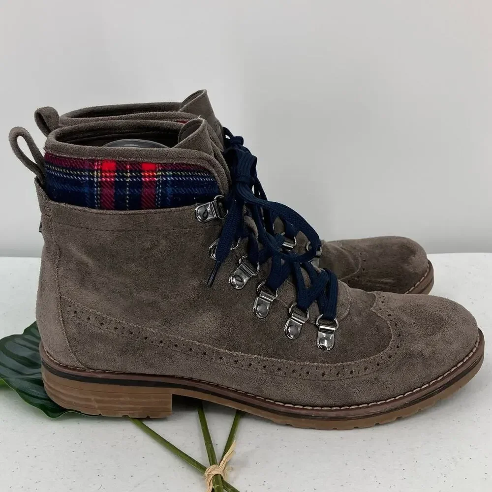 Tommy Hilfiger Gray Red Plaid Cap Top Twollia 3 Faux Suede Oxford Ankle Boots